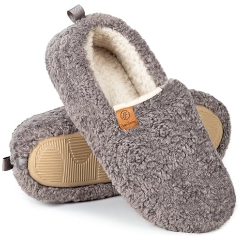EverFoams Women’s Soft Curly Full Slippers Memory Foam Lightweight House Shoes Cozy Loafer with Polar Fleece Lining Grey,7-8 US