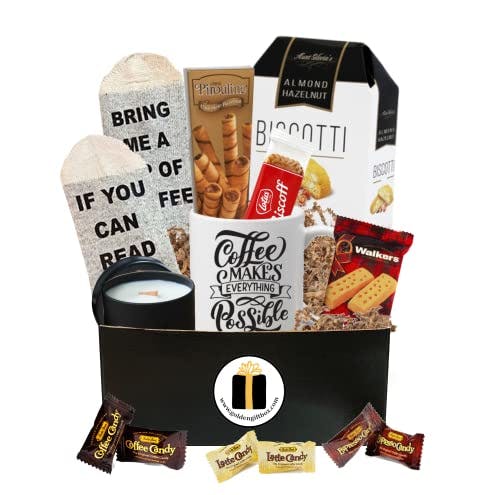 Coffee Gift Basket - Bistro Coffee Mug, Socks, Gourmet Coffee Snacks - Coffee Gifts for Men Women (Coffee & Snacks Deluxe Set)