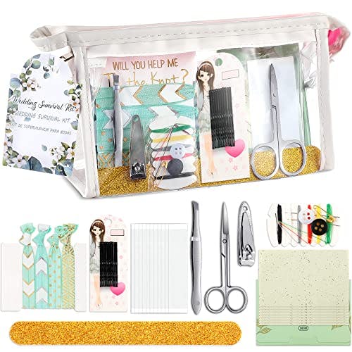 132 Pieces Wedding Survival Kit Wedding Day Bridal Emergency Kit Bridal Party Proposal Gifts Mini Emergency Kit for Women with Makeup Bags Floral Wedding Bride Emergency Supplies (Leaves Style)