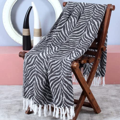 DEKORASI 100% Cotton Zebra Pattern Eco-Friendly Organic Throw Blanket for Couch with Fringes - Black & White | Cozy Lightweight Accent for Couch, Sofa, and Bed