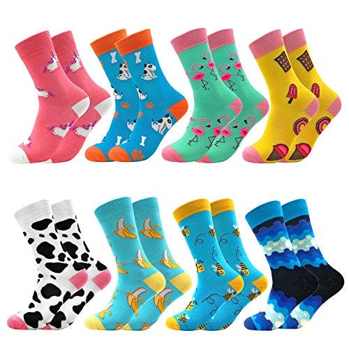 Fun Colorful Socks Combed Cotton Stockings Mid Calf Art Patterned Funky Happy Sock Packs, 8 Pairs806, Free Size US 6-11