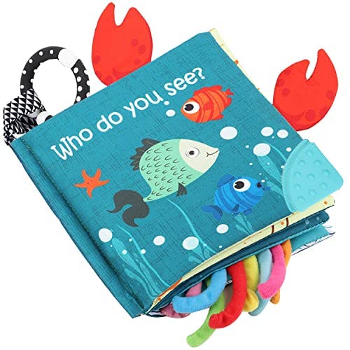 Fish Baby Books Toys, Touch and Feel Cloth Soft Crinkle Books for Babies,Toddlers Infant Kids Teething Toys Activity Early Education Toys, Teether Ring, Baby Book Octopus,Ocean Sea Animal Shark Tails