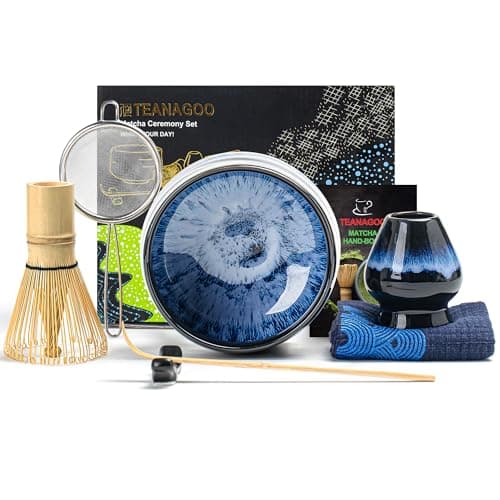 TEANAGOO 7 Pcs Matcha Whisk Set, Matcha Set for Ceremony, Matcha Kit Junware-Blue, Matcha Tea Set for Making Breakfast/Latte, Gift for Matcha Lover, Matcha Whisk Set and Bowl with All Accessories