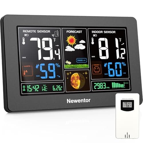 Newentor Weather Station Wireless Indoor Outdoor Thermometer, Color Display Digital Weather Thermometer with Atomic Clock, Barometric Pressure, Forecast Station with Adjustable Backlight, Black