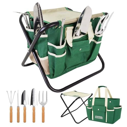 GardenHOME 7-Piece Gardening Tool Set – Stainless Steel Hand Tools with Wooden Handles, Folding Stool, and Canvas Tote Bag, Yard Maintenance Kit for Gardeners, Women, and Beginners