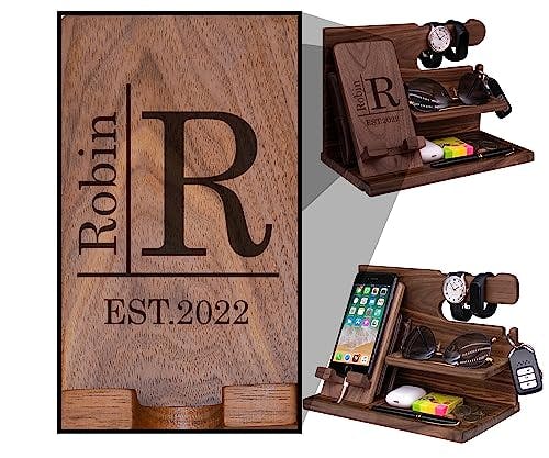 BOBI CARE Custom Name vday gifts for him rustic desk organizer, Personalized mens valentines gifts office organizing wood, Engraved mens gifts for christmas wooden desk organizers and accessories