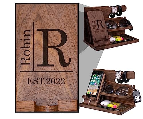 BOBI CARE Rustic Walnut Wooden Desk Organizer, Personalized Mens Gifts for Office Organization and Storage