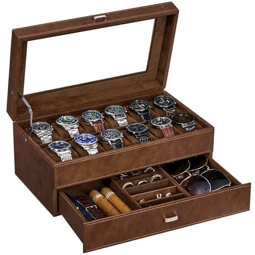 BEWISHOME 12-Slot Watch Box, 2-Layer Watch Case With Large Glass Lid, Mens Jewelry Box, Watch Display Case with Removable Watch Pillows, Watch Holder Organizer Watch Storage for Men Espresso SSH12Z