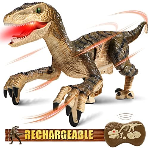 Hot Bee Remote Control Robot Dinosaur Toys for Kids 4-12, Realistic 18.6" Jurassic Velociraptor Toys w/Light, Roars & Shaking Head, Tail Wagging - RC Walking Dinosaur for Boys Gifts