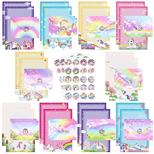 TaoBary 160 Packs Stationery Paper Set (50 Double Sided Stationery Writing Papers 50 Matching Envelopes) 60 Round Dot Sticker, 10 Design (Unicorn,5.5 x 8.25 Inch)