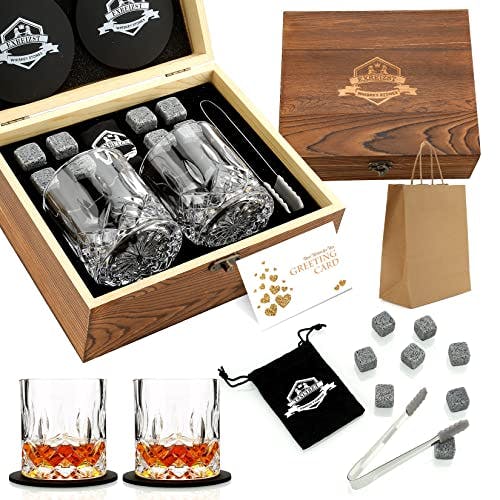 Whiskey Stones Gift Set - Whiskey Glass Set of 2 - Granite Chilling Whiskey Rocks - Scotch Bourbon Box Set - Father's Day Drinking Gifts for Men Dad Him Husband Birthday Party Holiday Present
