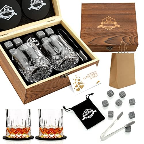 Whiskey Stones Gift Set - Whiskey Glass Set of 2 - Granite Chilling Whiskey Rocks - Scotch Bourbon Box Set - Father's Day Drinking Gifts for Men Dad Him Husband Birthday Party Holiday Present