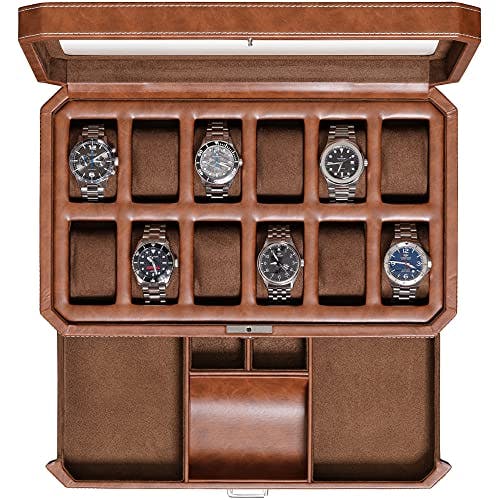 ROTHWELL 12 Slot Leather Watch Box with Valet Drawer - 12 Slot Luxury Watch Case Display Organizer, Microsuede Liner, Mens Accessories Holder, Jewelry Case, Jewelry Display Organizer (Tan/Brown)
