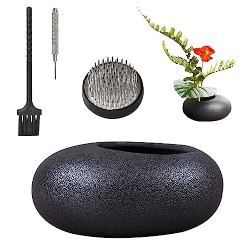 WANDIC Flower Arrangement Vase Kit, Black Pebble Ceramic Planter Pot with 4cm Kenzan Flower Frog Pottery Floral Arranging Pin Needle Holder for Ikebana Floral Art Desk Office Decoration