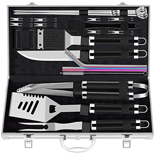 ROMANTICIST 25pcs Extra Thick Stainless Steel Grill Tool Set for Men, Heavy Duty Grilling Accessories Kit for Backyard, BBQ Utensils Gift Set with Spatula,Tongs in Aluminum Case for Birthday Black
