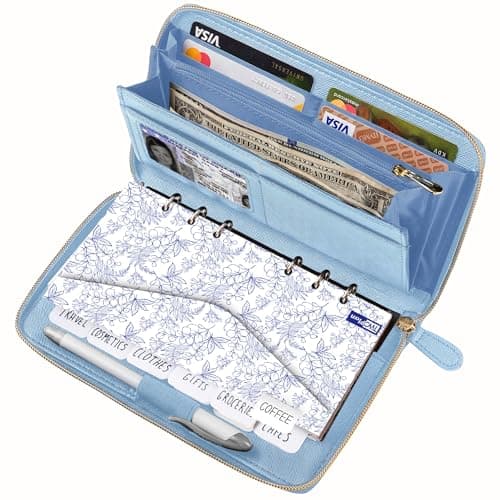 Cash Envelope Wallet Azure All in One Budget System with 12x Tabbed Cash Envelopes, 12x Monthly Budget Cards,1x Yearly budget planner sheet Complete Money Organizer Set for Cash