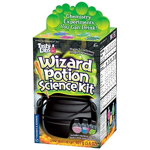 Tasty Labs Wizard Potion Science Kit - Make 5 Magical Potions, Chemistry Experiments Safe to Drink, Includes Cauldron & Wand - Study Reactions, Polymers & More