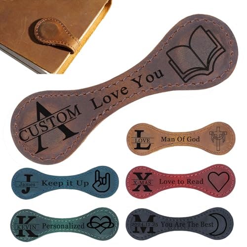 Custom Magnetics Bookmarks for Women Men Personalized Retro Pull-Up Leather Book Marker Clip with Engraved Letters Gifts for Book Lovers Readers Kids (A)