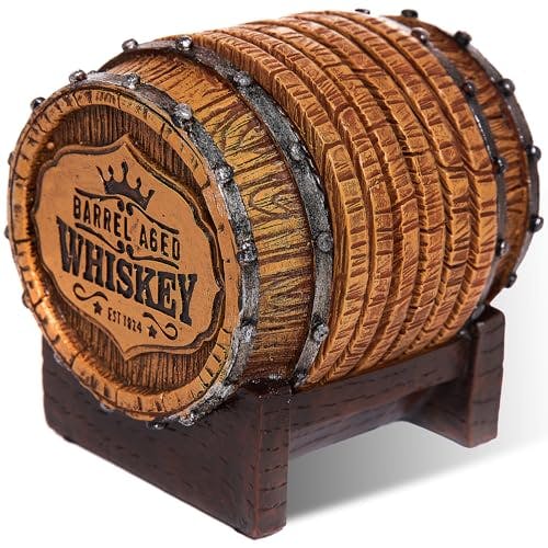 Whiskey Barrel Coaster Set – Handcrafted Whiskey Barrel Decor for Whiskey Lovers and Man Cave Gifts for Men - 6 Full Size Whiskey Coasters with Barrel Style Holder for Man Cave Décor