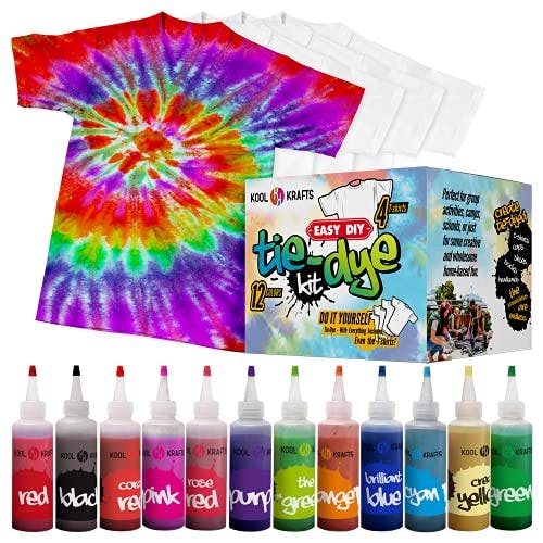 KOOL KRAFTS Tie Dye Kit, All-Inclusive with 12 Vibrant Colors, 4 White T-Shirts - Perfect for Kids & Adults - Fun Tie Dye Party Supplies! Tie Dye Kits for Kids Age 8-12, Tie Dye Kit for Kids