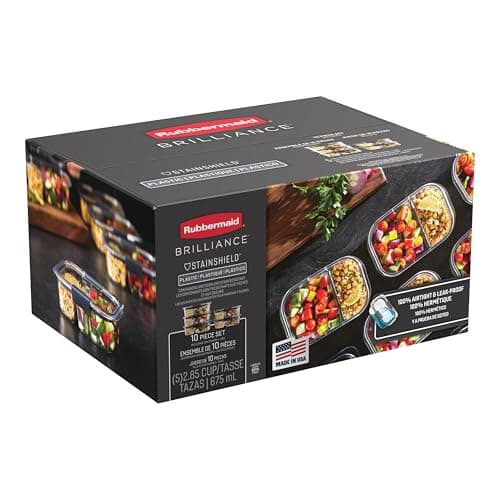 Rubbermaid Brilliance Meal Prep Containers, 2-Compartment Food Storage Containers, 2.85 Cup, 5-Pack, BPA-Free, Clear/Grey