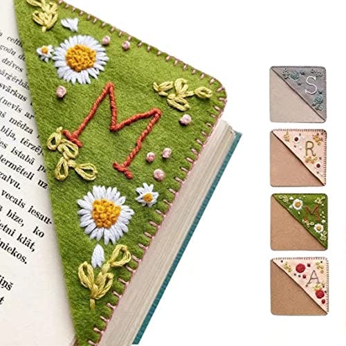 Artdelta Personalized Hand Embroidered Corner Bookmark, 26 Letters Hand Stitched Felt Corner Letter Bookmark, Cute Flower Embroidery Bookmarks for Book Reading Lovers Meaningful Gift (M, Summer)