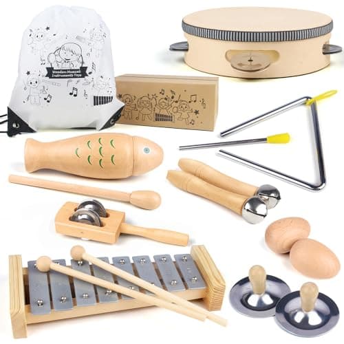 Chriffer Kids Musical Instruments Toys, Percussion Instruments Set with Xylophone, Preschool Educational Music Toys for Boys Girls, Natural Eco-Friendly Wooden Music Set (8)