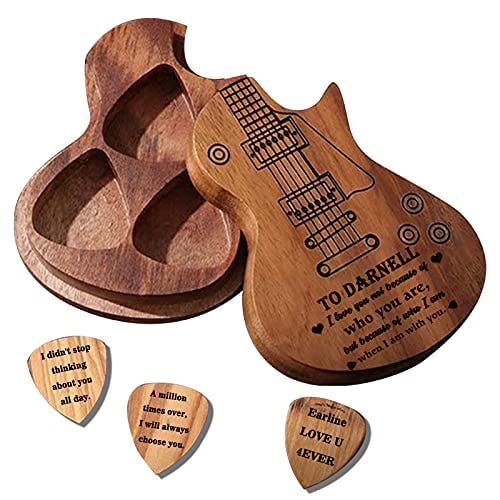 Custom Guitar Pick Holder with 3 Pcs Wooden Guitar Picks, Personalized Guitar Pick Case Box, Engraved Name,Text,Customized Gift for Dad,Husband,Boyfriend,Son,Friends