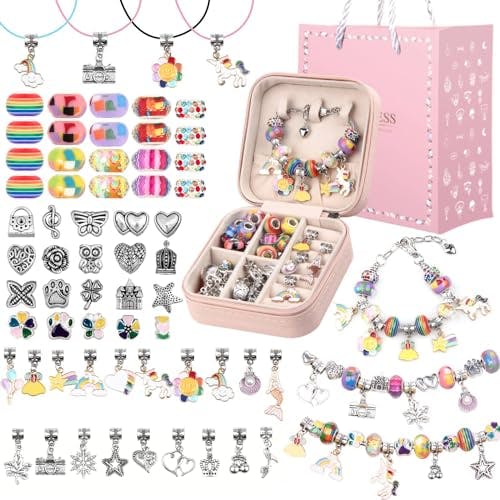 UFU Charm Bracelet Making Kit Girls Beads for Jewelry Making Kit, Unicorns Arts Crafts Gifts Set for Teen Girls Age 5 6 7 8-12, with a Portable Bracelet Organizer Box