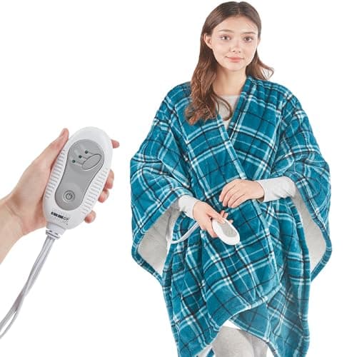 Degrees of Comfort Heated Sherpa Wrap Shawl, Cozy Winter Electric Blanket Throw, for Grandma Mom Women, Washable, Auto Shut-Off, Reversible 50 x 64 Inch, Blue Plaid