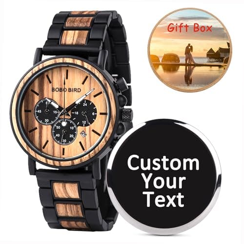 BOBO BIRD Mens Personalized Engraved Wooden Watches, Stylish Wood & Stainless Steel Combined Quartz Casual Wristwatches for Men Family Friends Customized Watch (Custom 1)