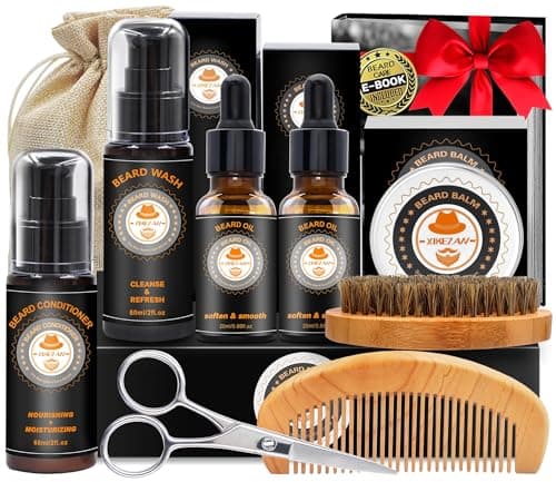 XIKEZAN Beard Grooming Kit w/Beard Conditioner,Beard Oil,Beard Balm,Beard Brush,Beard Wash,Beard Comb,Beard Scissor,Bag,E-Book,Birthday Gifts Valentines Gifts for Men Him Dad Husband Boyfriend