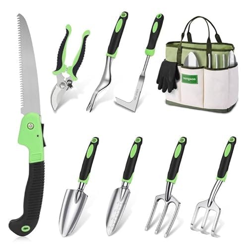 sungwoo Garden Tool Set 10 Piece, Heavy Duty and Lightweight Aluminium Alloy Tools with Ergonomic Handle, Sturdy Storage Tote Bag, Gardening Hand Tools, Gardening Gift for Women and Men Green