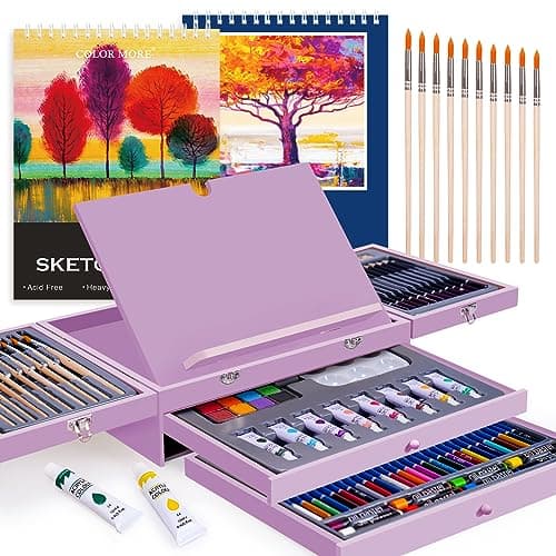 85 Piece Deluxe Wooden Art Supplies, Art Kit with Easel and Acrylic Pad, Art Set for Teens, Adults and Artist Beginners, Creative Favor Box with Wooden Case, Sketching Pencils, Artist Brushes