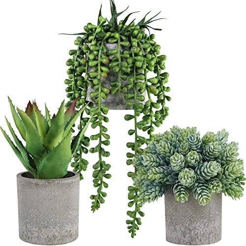 Winlyn Set of 3 Mini Potted Succulents Artificial String of Pearls Aloe Hops Succulent Plants in Gray Pots for Gifts Table Shelves Windowsill Office Desk Indoor Greenery Decorations Wedding Favors
