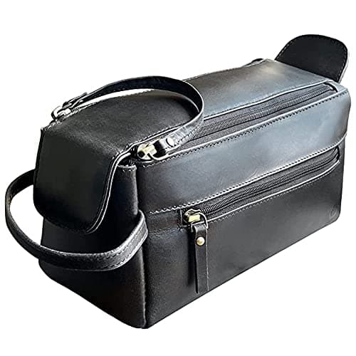 RUSTIC TOWN Leather Toiletry Bag for Men - Travel Organizer Shaving Dopp Kit (Black)