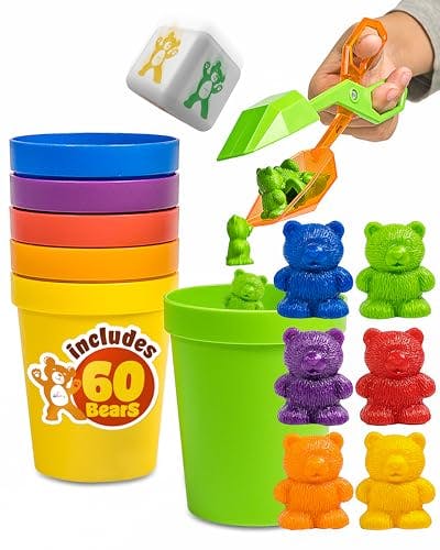 Skoolzy Rainbow Counting Bears with Matching Sorting Cups 70 Pc - Toddler STEM Educational Number Learning Toys, Developmental Sensory Bin Motor Skills Activity for Preschool Kids Age 3 +
