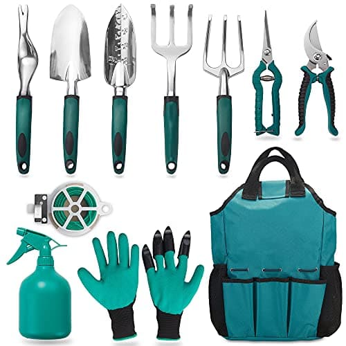 FiveJoy Garden Tool Set, 11 Piece Aluminum Alloy Hand Tool Starter Kit with Garden Bag, Outdoor Tool, Heavy Duty Gardening Work Set with Ergonomic Handle, Gardening Tools