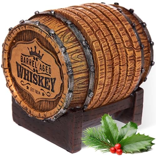 Whiskey Barrel Coaster Set – Handcrafted Whiskey Barrel Decor for Whiskey Lovers and Man Cave Gifts for Men - 6 Full Size Whiskey Coasters with Barrel Style Holder for Man Cave Décor