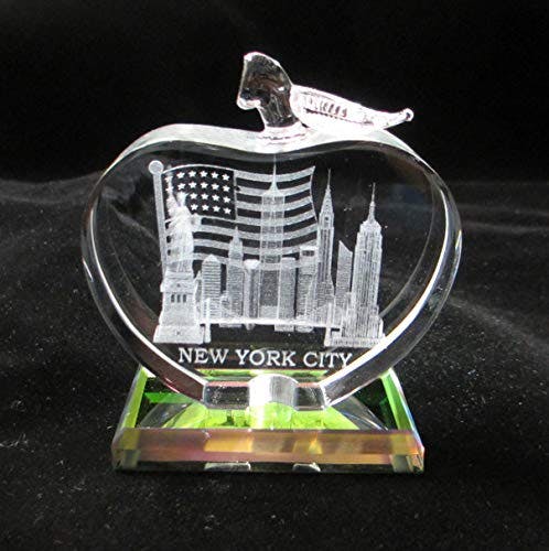 New York Souvenir NYC Skyline 3D Apple Shaped Crystal Laser Etched Glass Paperweight with Statue of Liberty Empire State Building (Small)