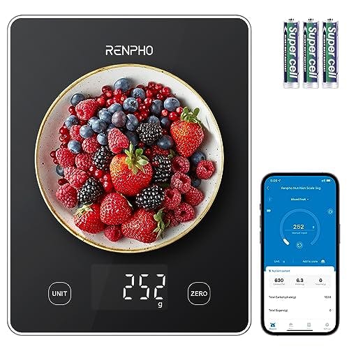 RENPHO Kitchen Scale, Smart Food Scale with Nutritional Calculator, Food Weight Scale Grams and Ounces, Digital Gram Scale for Cooking Baking Keto Marco Diet, Black Glass, 22lb/10kg