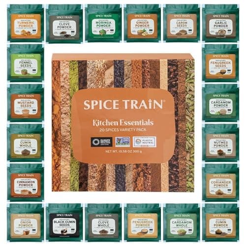 SPICE TRAIN, Spices Assortment Box - 20 Exotic Spices Essential Starter Spice Set - Gluten Free, Non-GMO | Seasonings & Spices | Cooking Essentials Gift Set | Direct from India