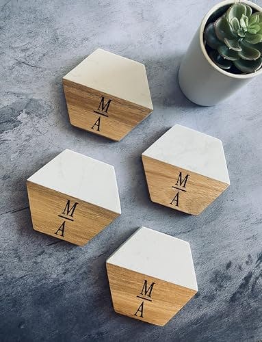 Personalized Engraved Marble and Wood Coaster Set - 4 Pack