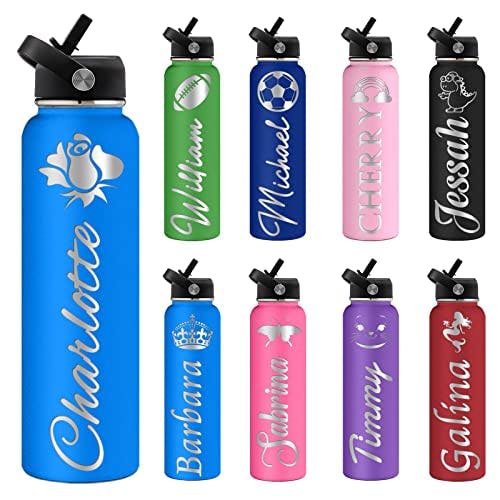 Custom Water Bottles Personalized with Straw Lid 24 oz Customized Stainless Steel Water Bottles with Engraved Names Double Wall Insulated for School Sports