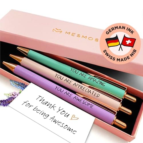 MESMOS 3pk Thank You Gifts for Women, German-Made Ink Fancy Pen Set for Women, Teacher Appreciation Gift, Nice Cute Pens, Boss Lady, Office Coworkers, Metal Ballpoint Pens
