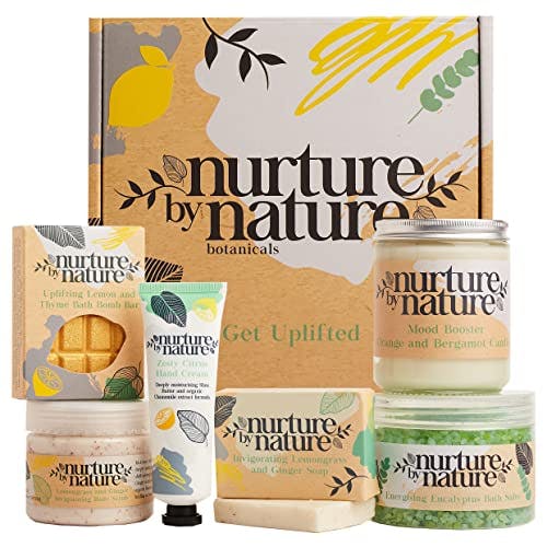 Nurture by Nature RELAX & UPLIFT Pamper Spa Kit - Mothers Day Gift - Spa Gift Baskets for Women, Organic Self Care Kit - Bath Salts, Bath Bombs, Candle - At Home Spa kit for women, Bath Set