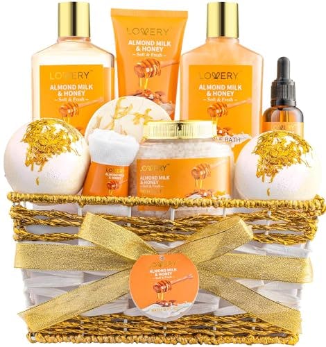 Gift Basket for Women - 10 Pc Almond Milk & Honey Beauty & Personal Care Set - Home Bath Pampering Package for Relaxing - Spa Self Care Kit - Thank You, Birthday, Mom, Anniversary Gift