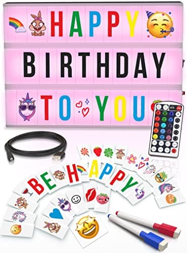 Cinema Light Box with Letters – Marquee Color Changing Light Box sign with 386 Black & Color Letters & Emoji & 2 markers- Premium Light Up Letter Board – 16 Dimmable Remote-Controlled Colored Options