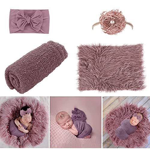 AOKE Newborn Photography Props - 4 PCS Baby Photo Props Long Ripple Wraps DIY Blanket with Headbands, Purple Toddler Wraps Photography Mat Set for Baby Boys and Girls
