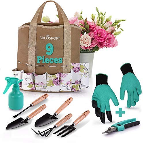 Garden Tools Set - 9 Piece Gardening Kit - Easy to Carry Tote Bag - Pretty Floral Design - Ergonomic Wooden Handle - Heavy Duty - Bonus Gloves and Cutter - Machine Washable - Great as a Gift